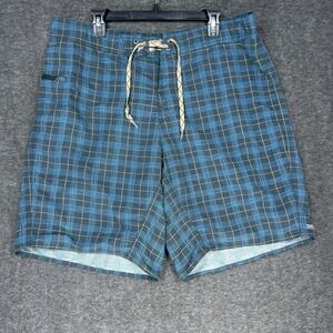 Patagonia Wavefarer Board Shorts Mens 38 Blue Plaid Unlined Swim Surf Drawstring